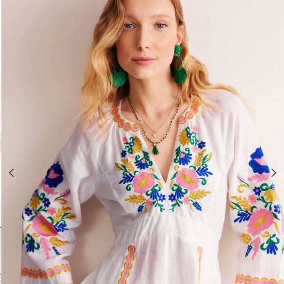 Boden Una Linen Embroidered Maxi Dress, Floral Garland, Ivory, 6P - Picture 3 of 11